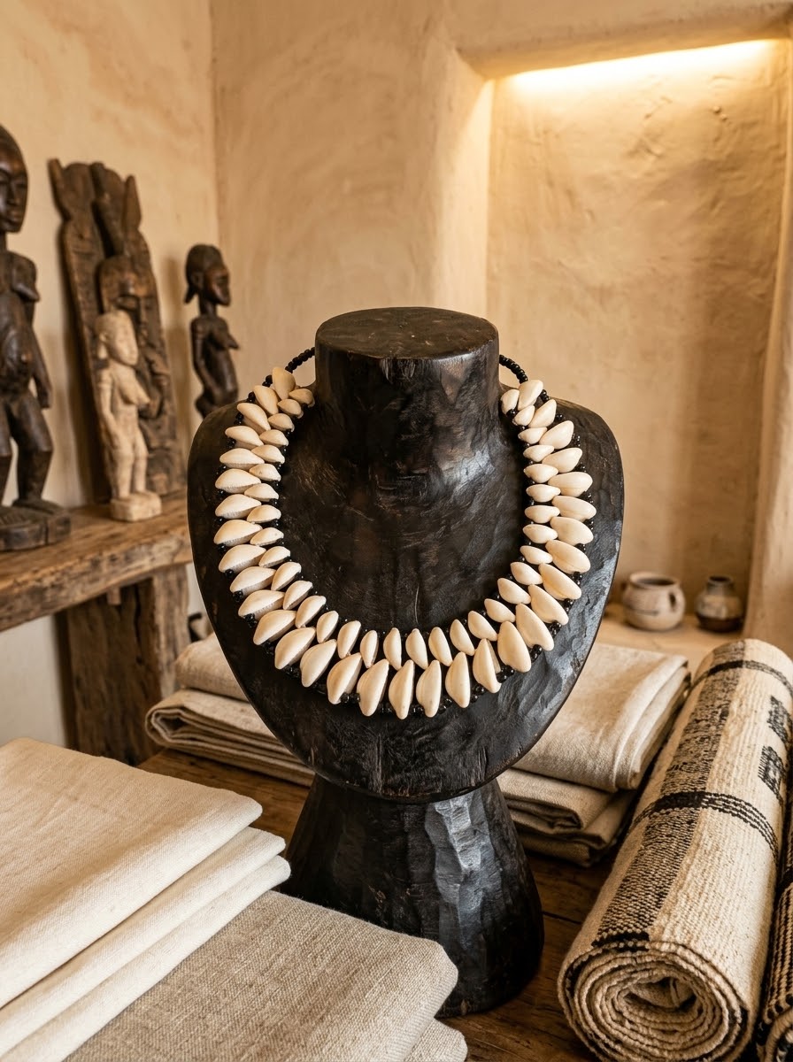 Collier Plastron en Cauris & Perles Noires – Collection Prestige Dogon