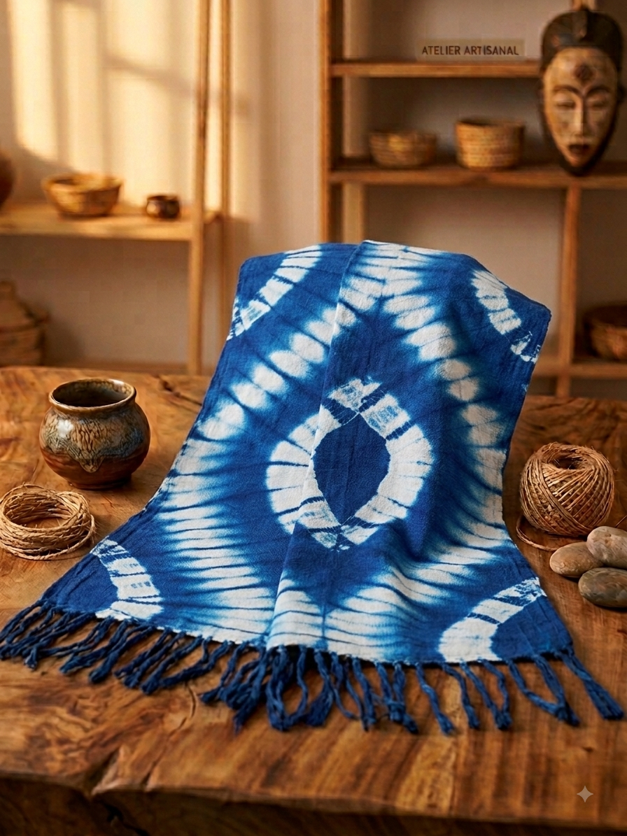 Écharpe Artisanale en Coton Indigo du Mali - Motif Diamant