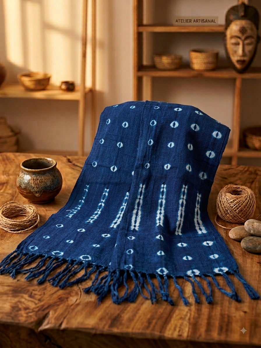 Écharpe Artisanale en Coton Indigo du Mali - Motif Diamant