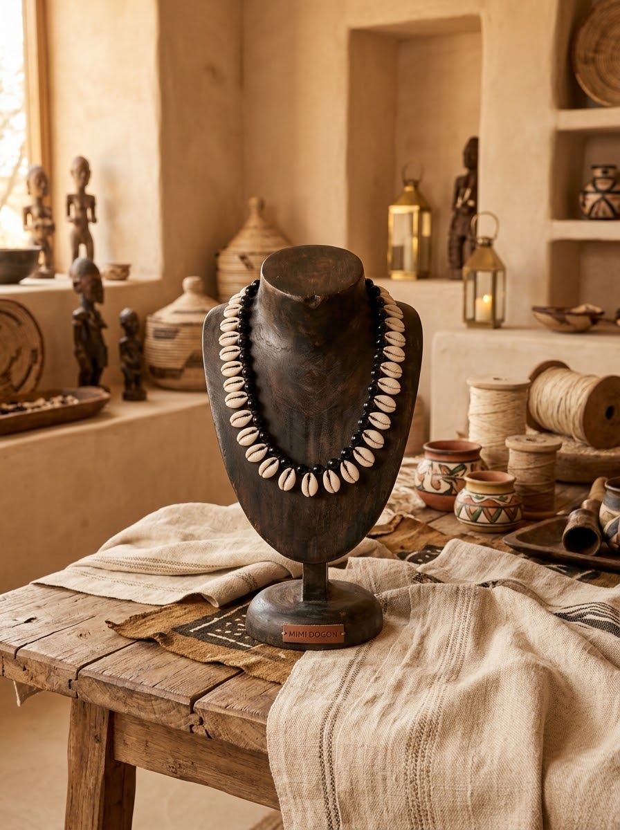 Collier Ras-de-Cou Simple Rangée en Cauris & Perles Noires – Collection Aura Dogon