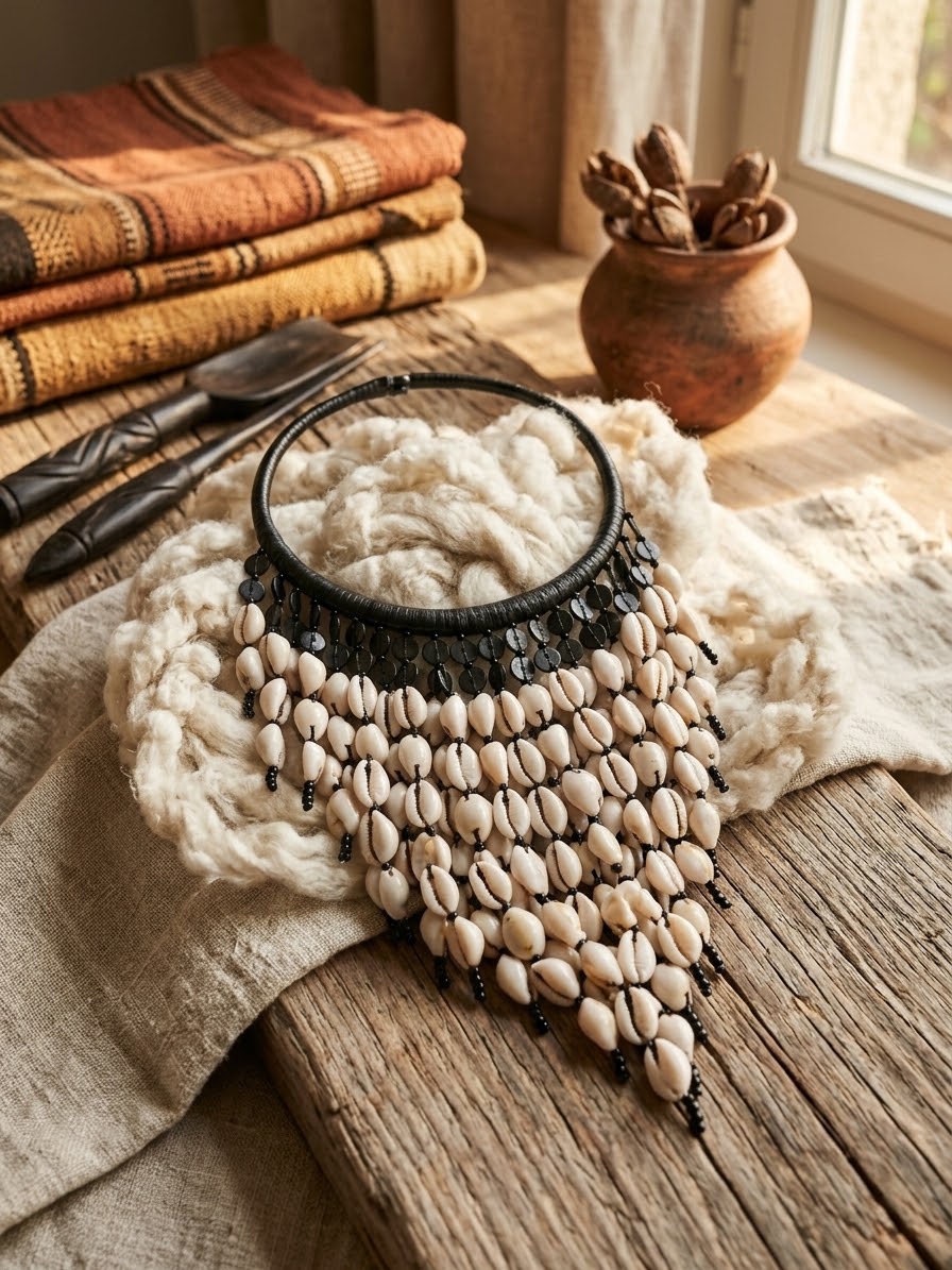 Collier Plastron Artisanal en Cauris – Cuir Ébène & Coquillages Naturels