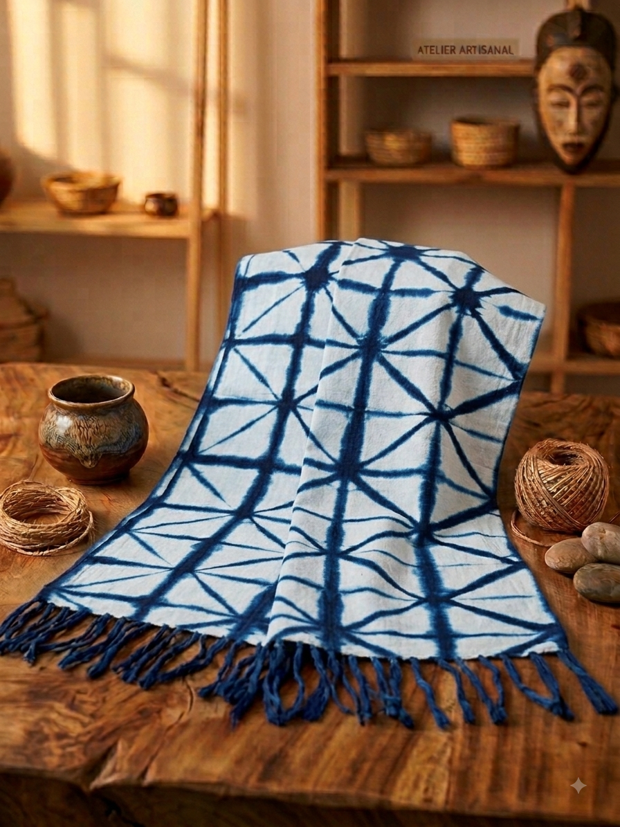 Écharpe Artisanale en Coton Indigo du Mali - Motif Diamant