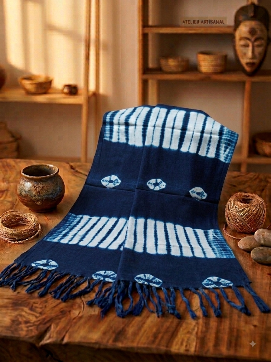 Écharpe Artisanale en Coton Indigo du Mali - Motif Diamant