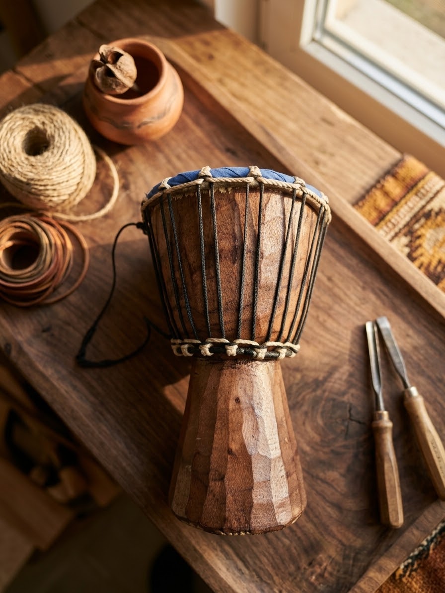 Petit Djembé Artisanal en Bois Sculpté & Peau Naturelle – Taille Enfant