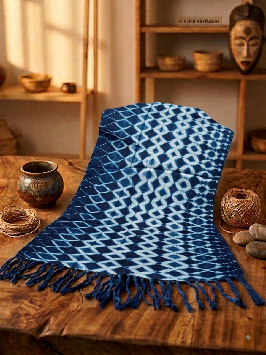 Écharpe Artisanale en Coton Indigo du Mali - Motif Diamant