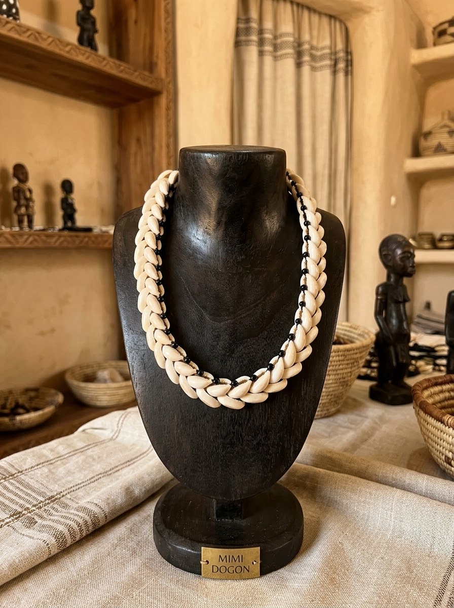 Collier Tressé en Cauris & Perles Noires – Collection Tresse Dogon
