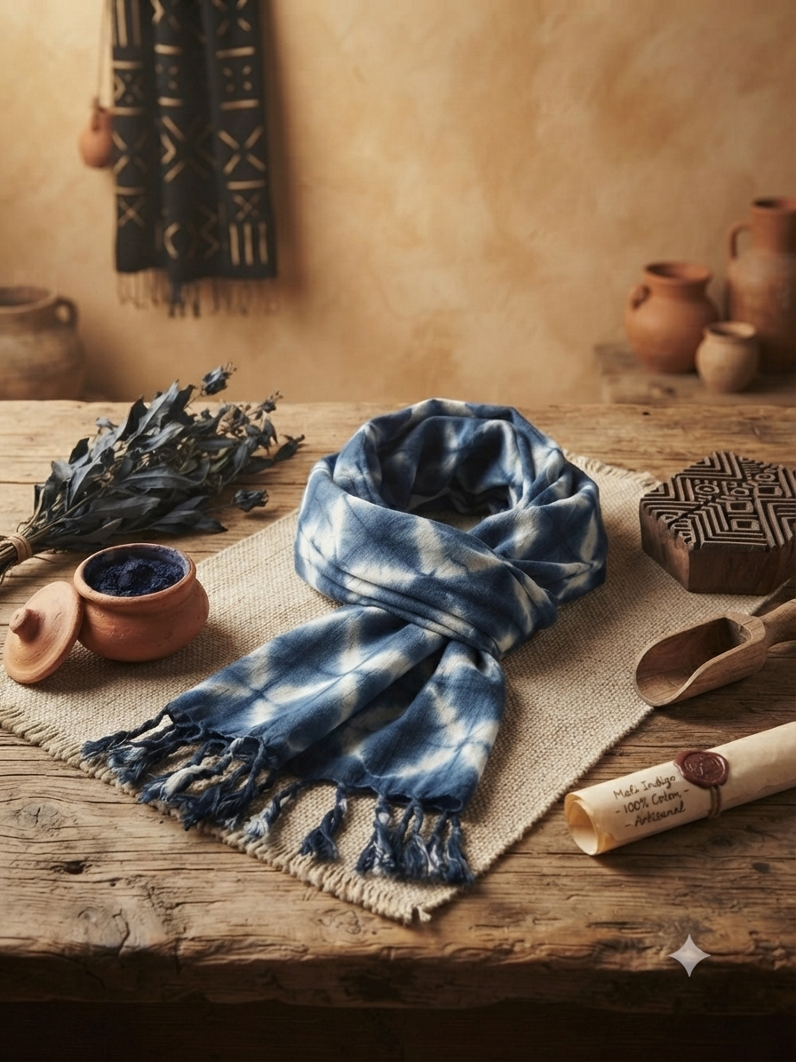 Écharpe Artisanale en Coton Indigo du Mali - Motif Diamant