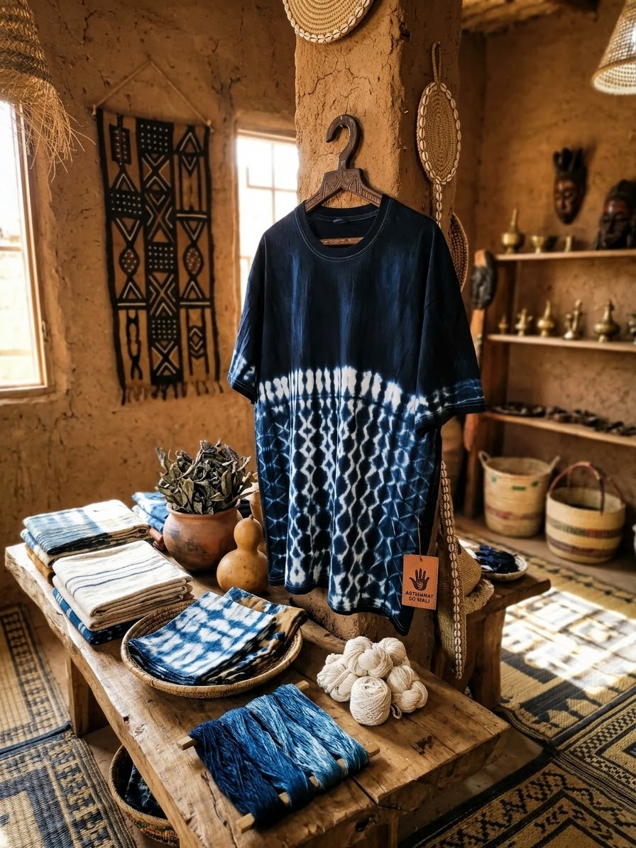 T-Shirt en Coton Indigo Fait Main – Style Éthique & Authenticité Mali