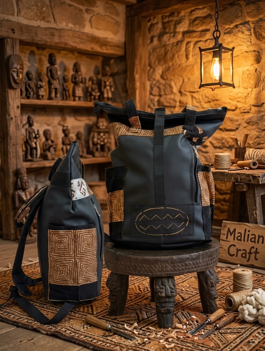 Sac à Dos Roll-Top en Bogolan & Simili Cuir Noir – Collection Urban Dogon