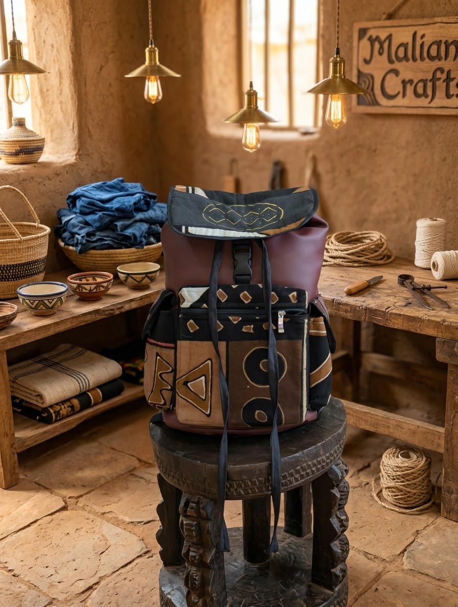 Sac à Dos en Bogolan & Simili Cuir Marron Cacao – Collection Djenné