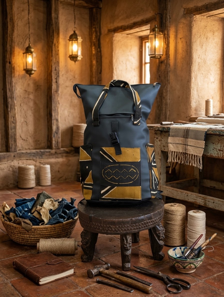 Sac à Dos Cabas Roll-Top en Bogolan & Simili Cuir Noir – Collection Ségou