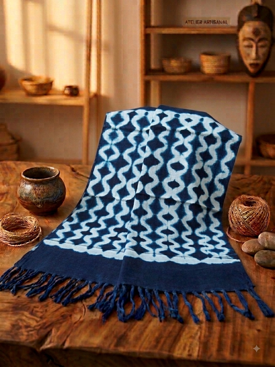 Écharpe Artisanale en Coton Indigo du Mali - Motif Diamant